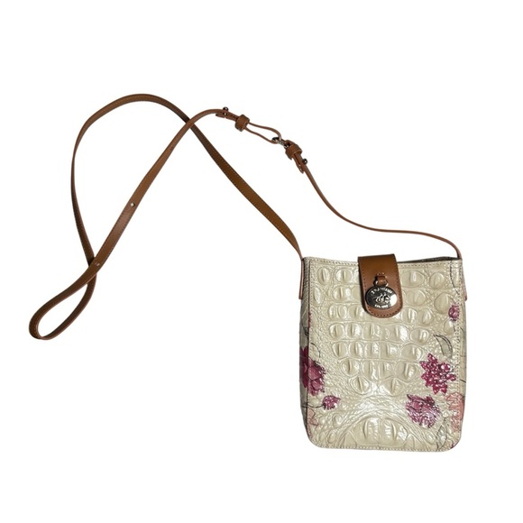 Brahmin Marley Floral Crossbody Bag White Pink Flowers Crocodile Leather - Picture 1 of 13